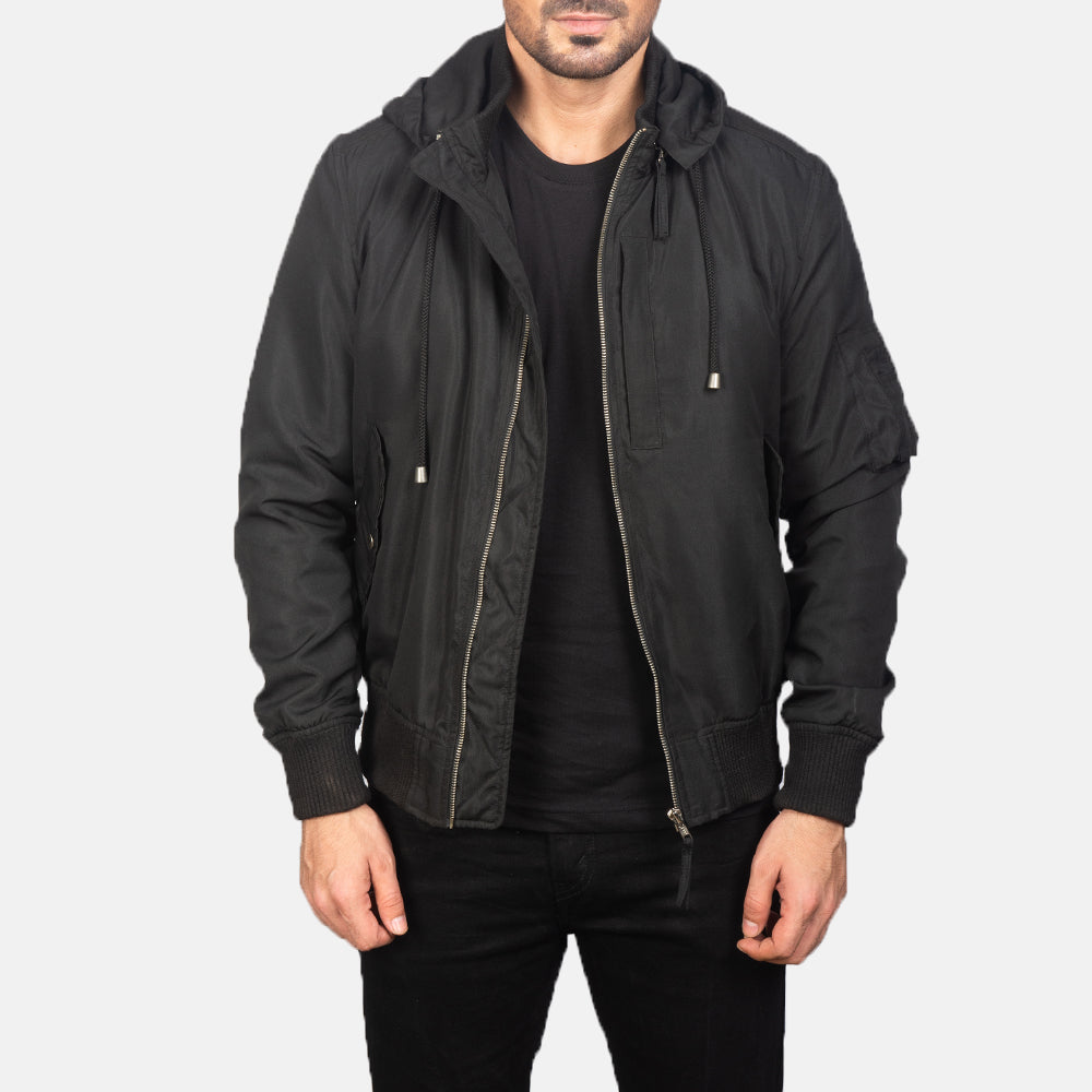 Mens black bomber jacket with hood on sale